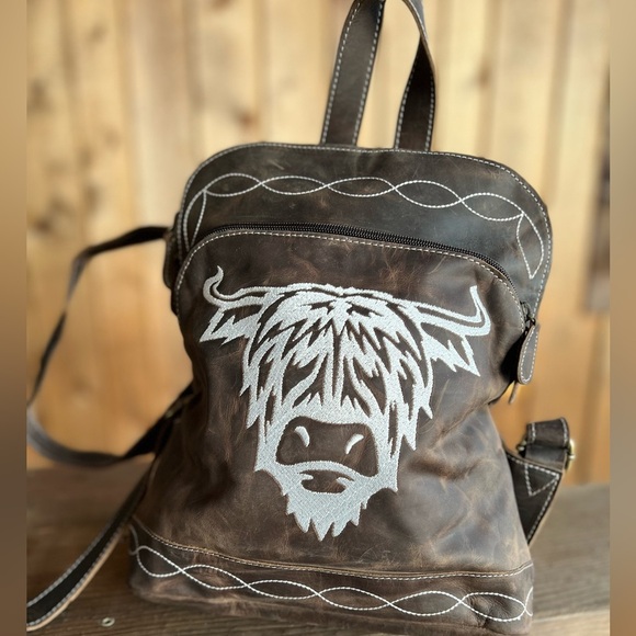 Rustic Highland Bull Genuine Crazy Horse Leather Small Backpack Bag Western Boho - Picture 1 of 13